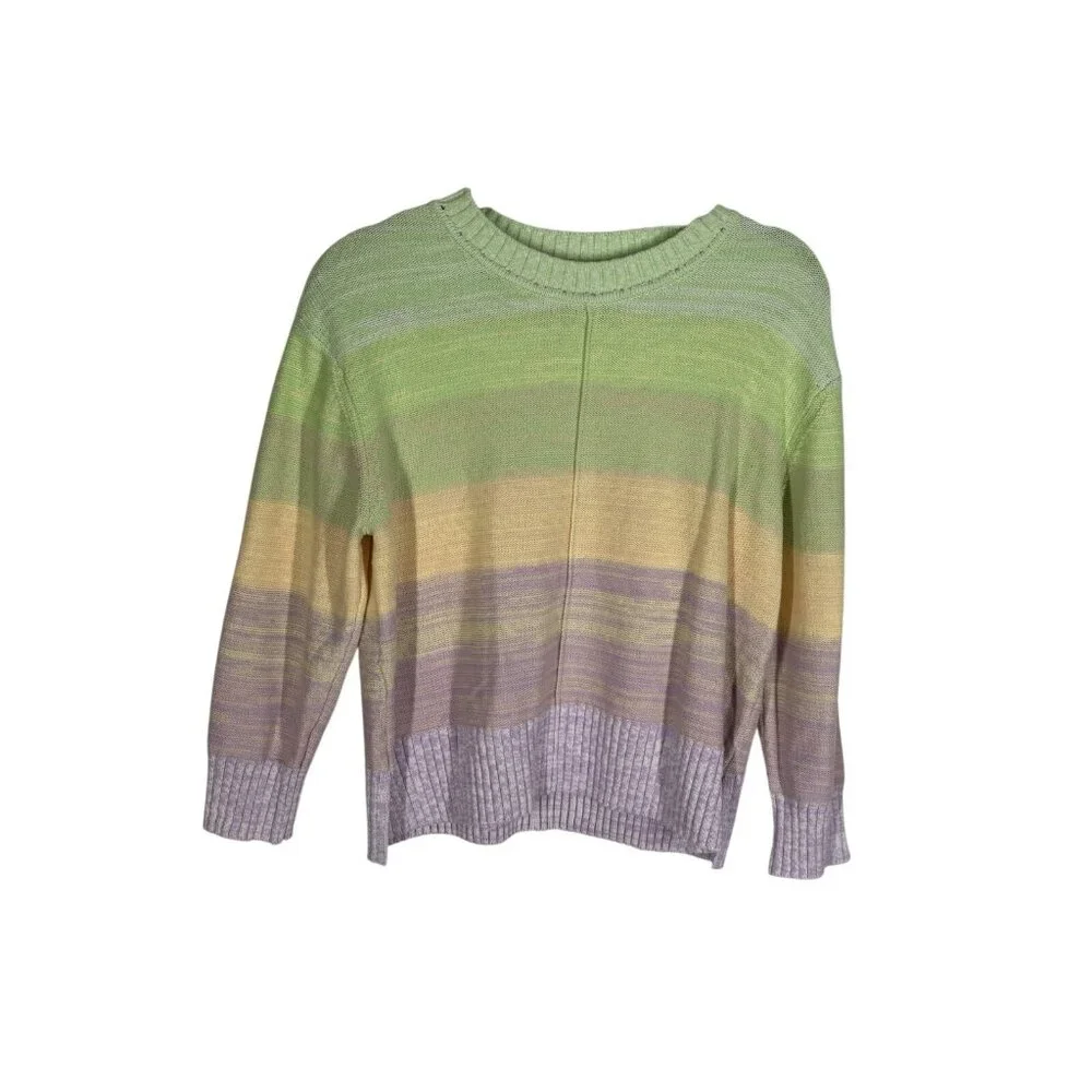 LOFT Women L Knit Pastel Stripe Ombre Elbow Sleeve Crew Neck Sweater NWT